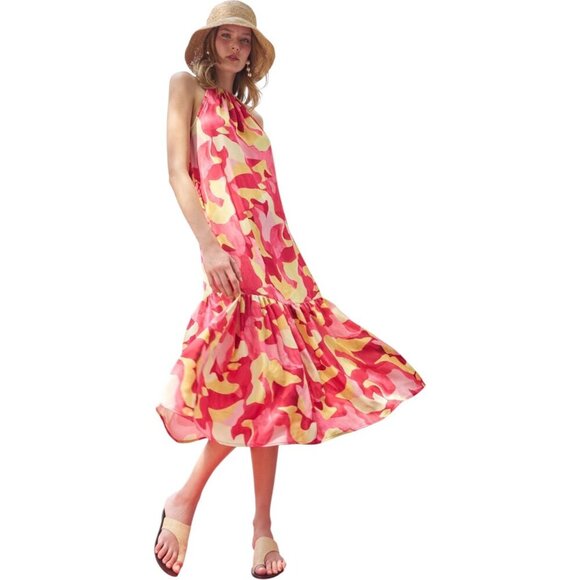Ming Wang NWT $270 Abstract Print Crepe De Chine Flounced Halter Dress, Size M - Picture 1 of 11